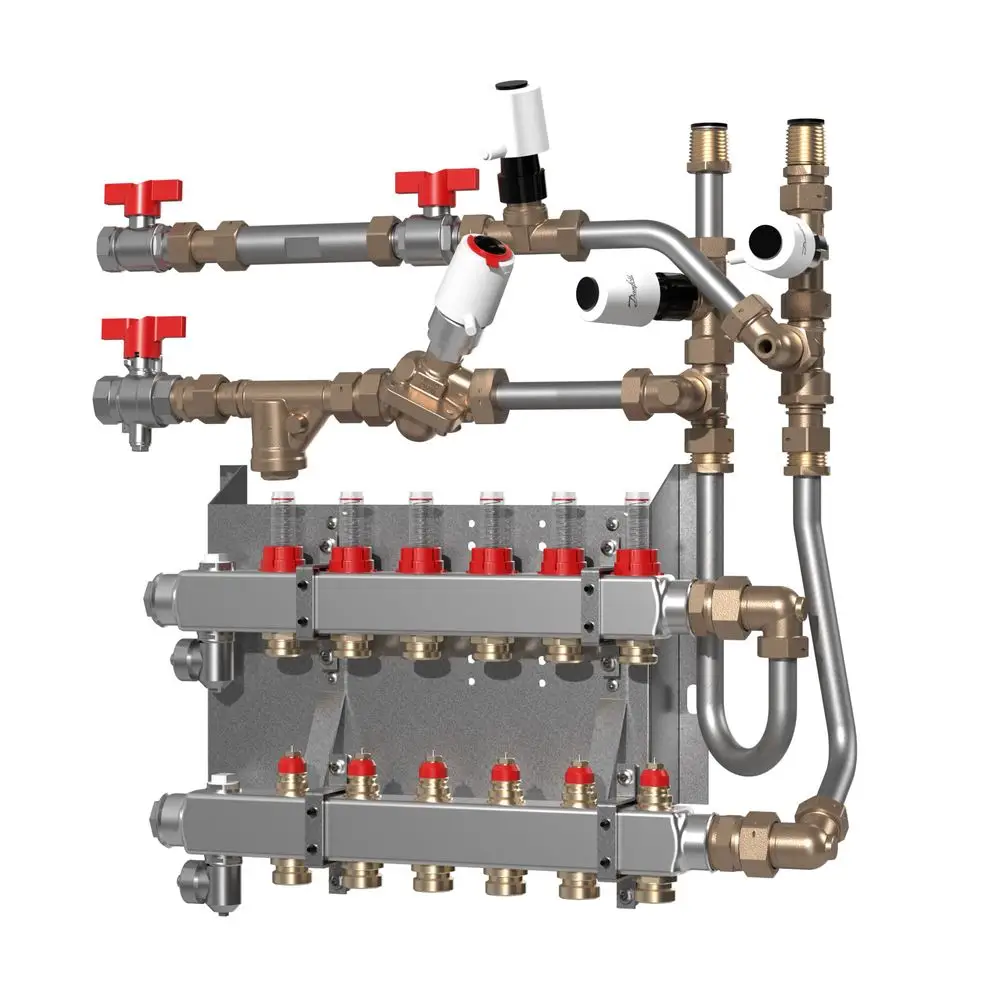 Verteiler mit mehreren Anschlüssen und Absperrventilen, aus Metall, zur Anpassung von Heizungssystemen, hergestellt von Danfoss.